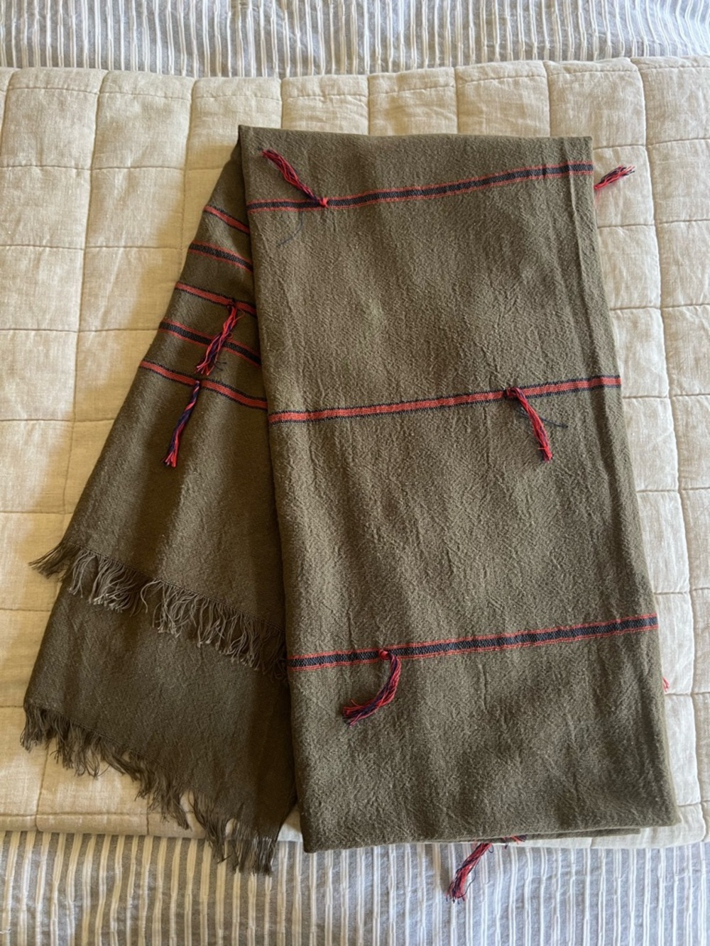 Madewell Cotton Olive Woven Fringe Scarf Wrap with Red and Navy Accent Stripes